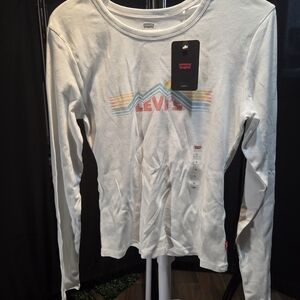 Levi's White Long Sleeve Shirt with Blue Chevron and Yellow Detail